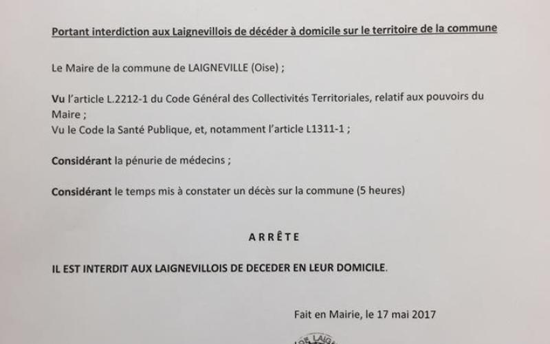 Interdiction de décéder à domicile (arrêté municipal)