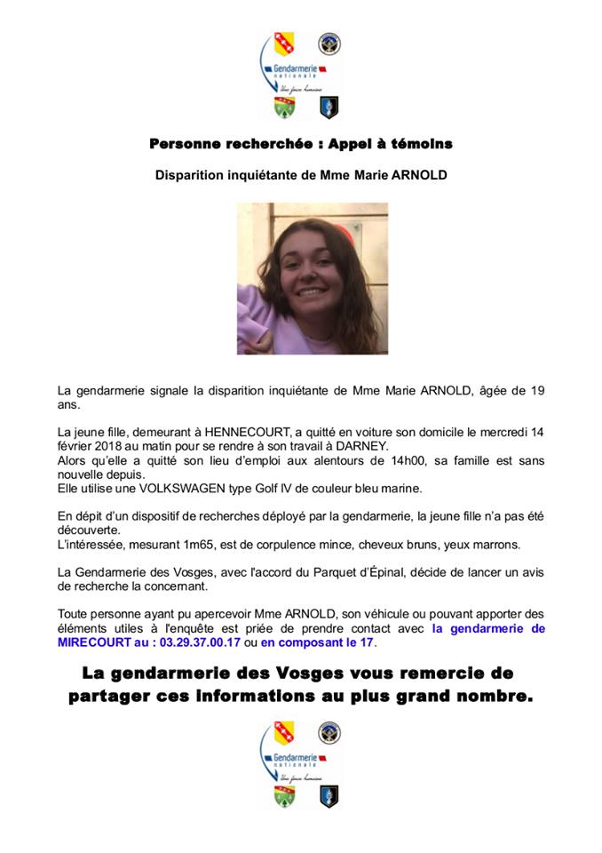 Vosges : la gendarmerie lance un appel à témoins suite à la disparition d'une jeune femme de 19 ans